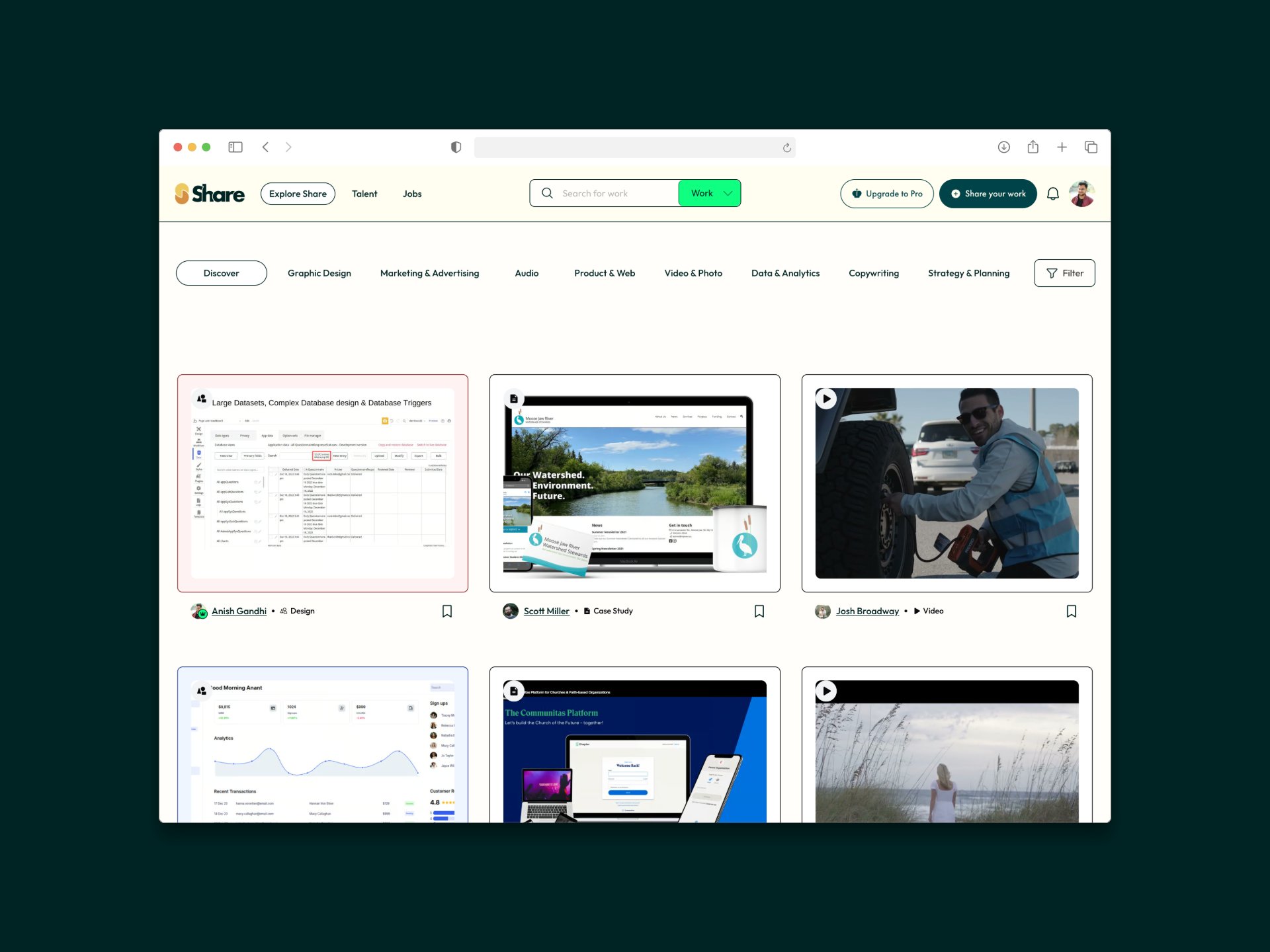 The ShareTalent Explore Share discovery feed, a 3-column grid of work-sample cards with the search bar and category tabs above