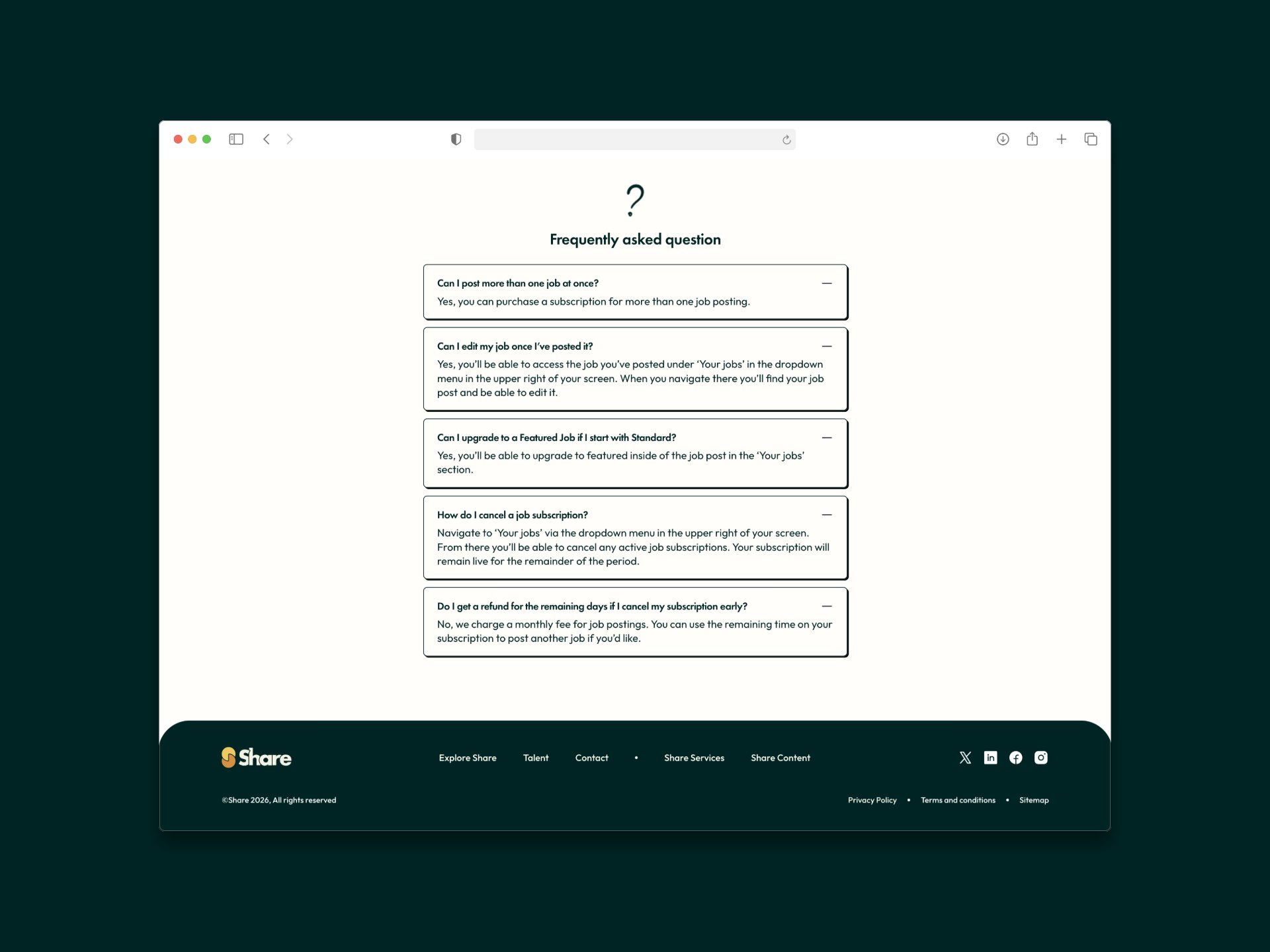 The Frequently Asked Questions section on the hire-talent page covering posting, editing, upgrades, cancellation, and refunds