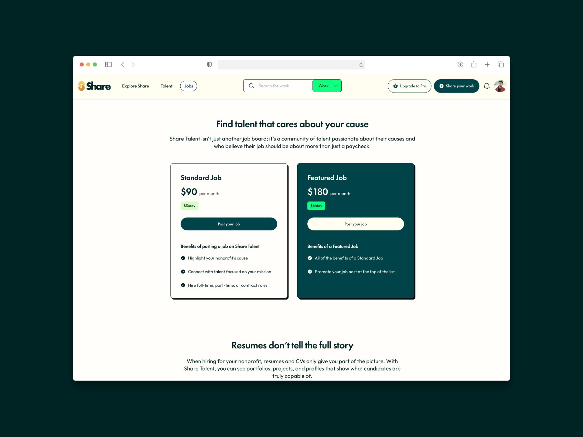 The ShareTalent hire-talent pricing page with the heading Find talent that cares about your cause, two pricing cards for Standard Job at $90 per month and Featured Job at $180 per month, and a Resumes don't tell the full story tagline below