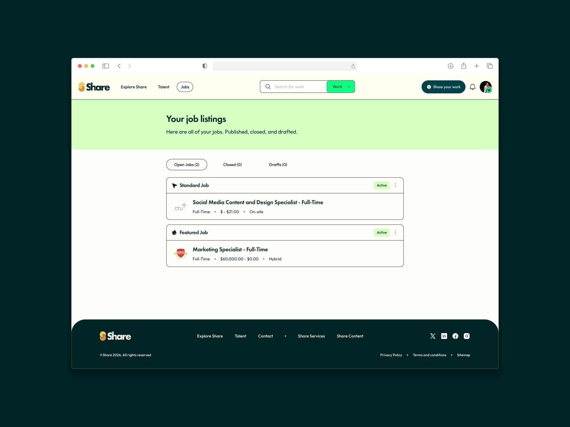 The Your job listings page on ShareTalent v2, with Open Jobs, Closed, and Drafts tabs, and two job rows below: a Standard Job for Social Media Content and Design Specialist Full-Time, and a Featured Job for Marketing Specialist Full-Time