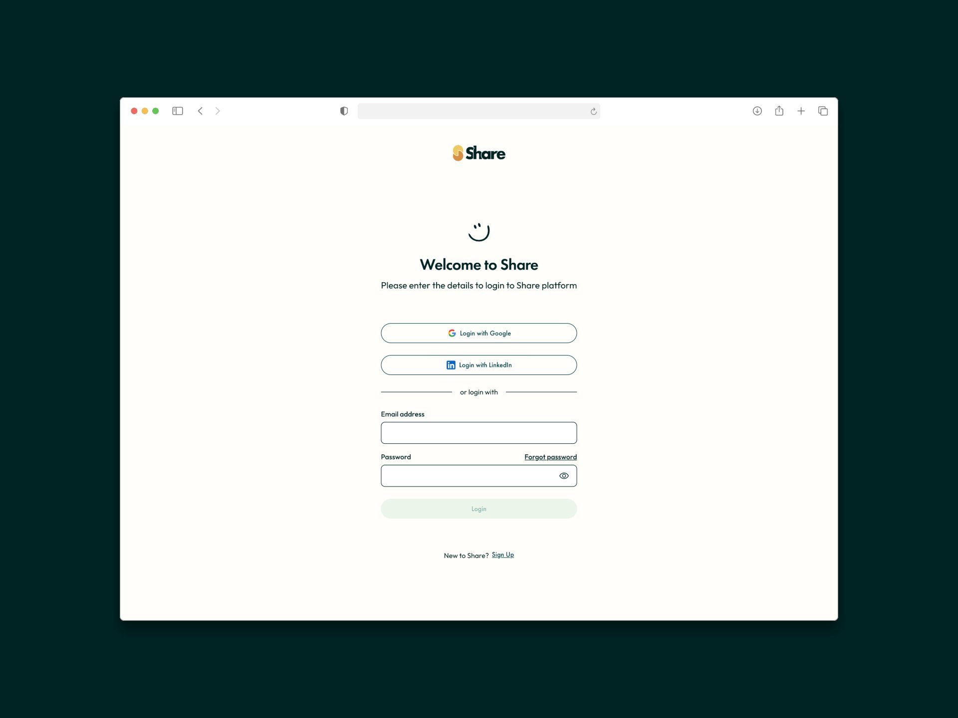 The ShareTalent login page with Welcome to Share heading, Login with Google and Login with LinkedIn buttons, email and password fields with a Forgot password link, and a Login button below