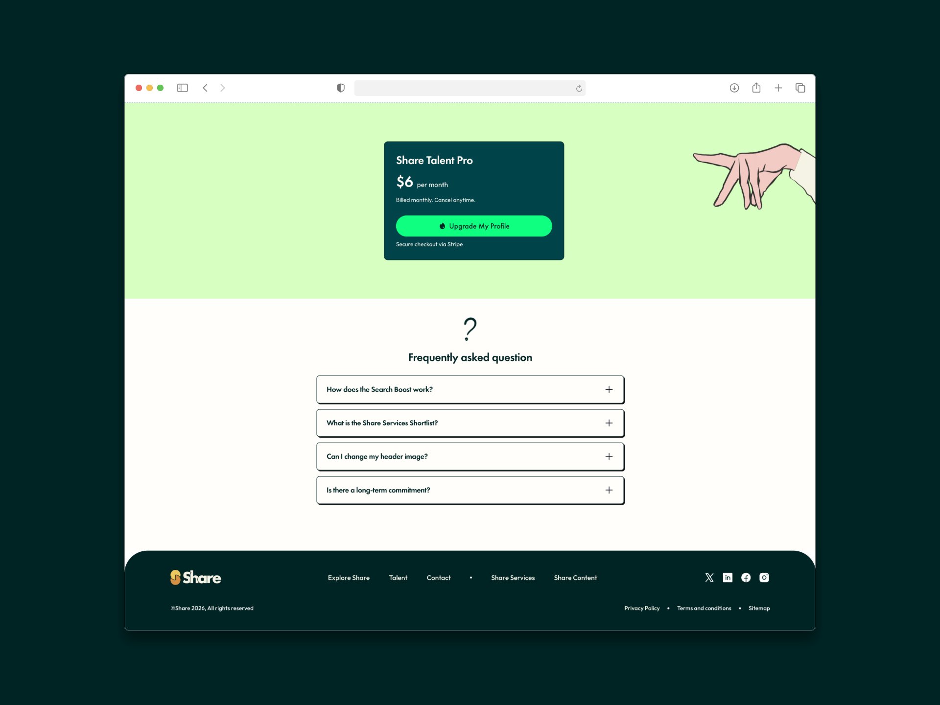 The Share Talent Pro pricing card showing $6 per month billed monthly cancel anytime, an Upgrade My Profile button, and a Frequently Asked Questions section with collapsed entries about Search Boost, Share Services Shortlist, header image, and long-term commitment