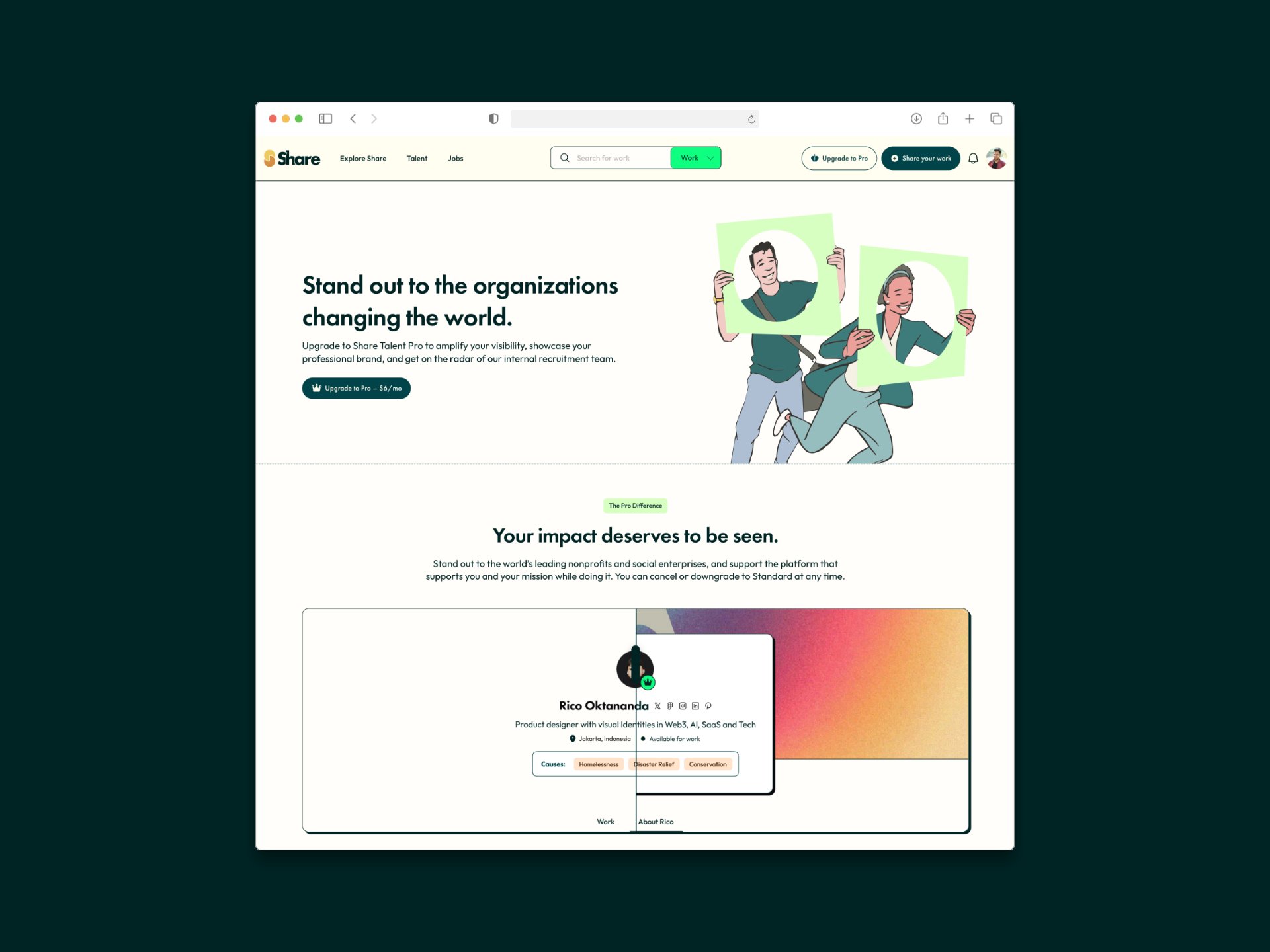 The Share Talent Pro upgrade page with the headline Stand out to the organizations changing the world and an Upgrade to Pro CTA