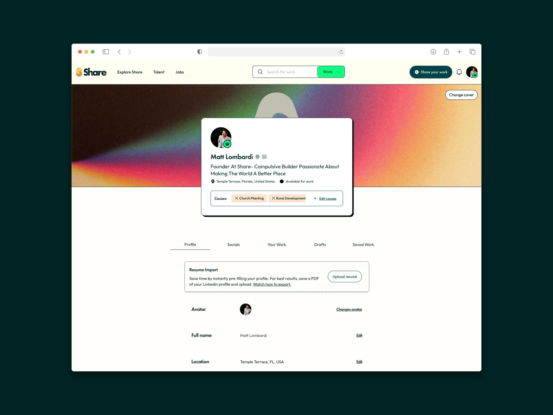 The My Profile editor on ShareTalent v2 with a Resume Import card at the top inviting the user to paste a LinkedIn URL or upload a PDF, an Upload Resume button, and structured fields below for Avatar, Full name, and Location