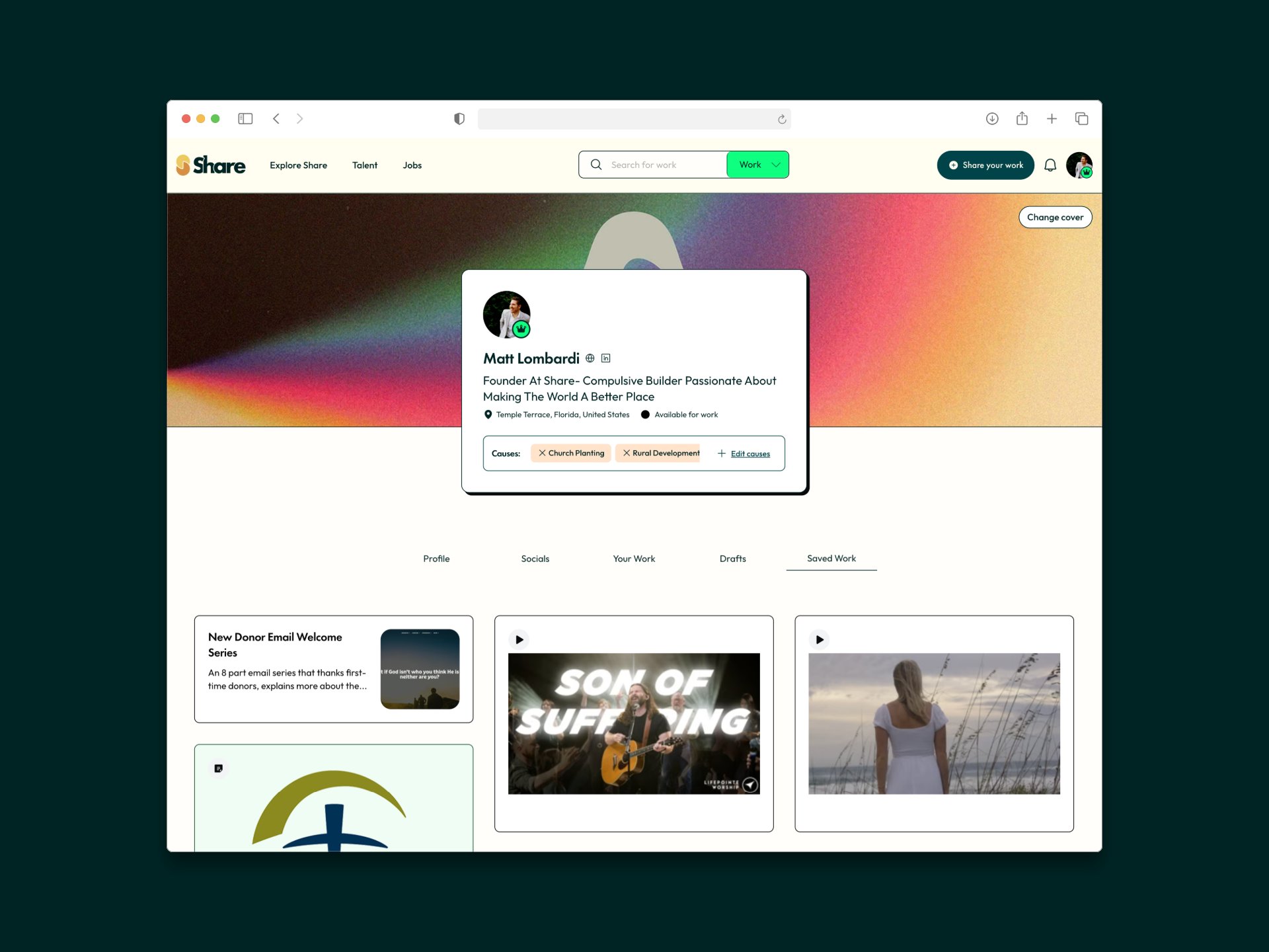 The Saved Work tab on a ShareTalent talent profile, showing three saved work-sample cards including a New Donor Email Welcome Series, a video, and an image