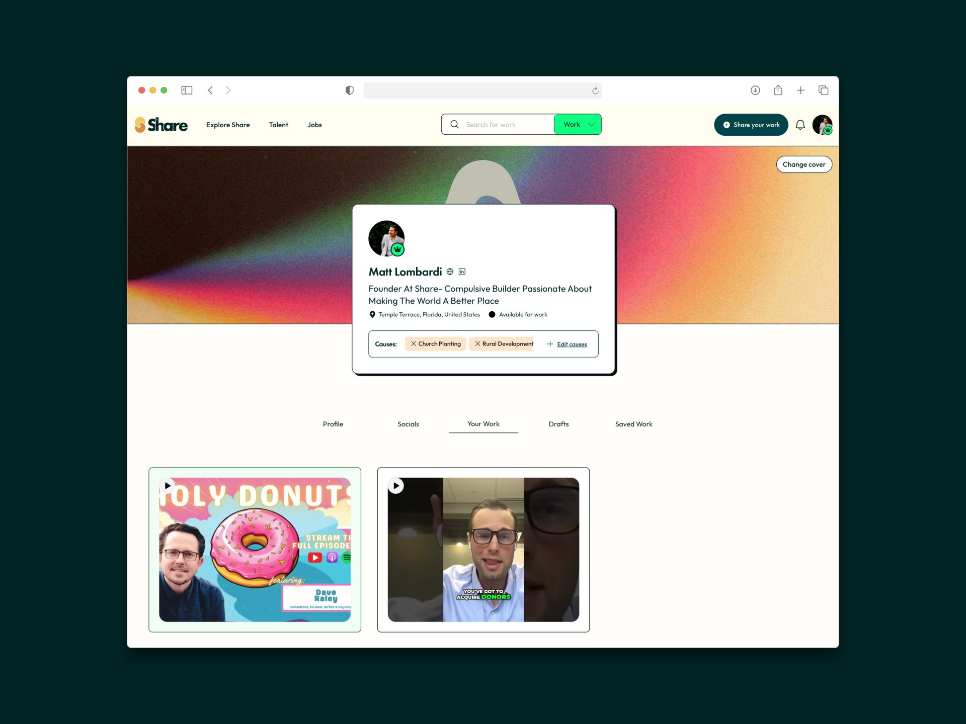 The Your Work tab on a ShareTalent talent profile for Matt Lombardi, showing two work-sample cards from his Holy Donuts video series