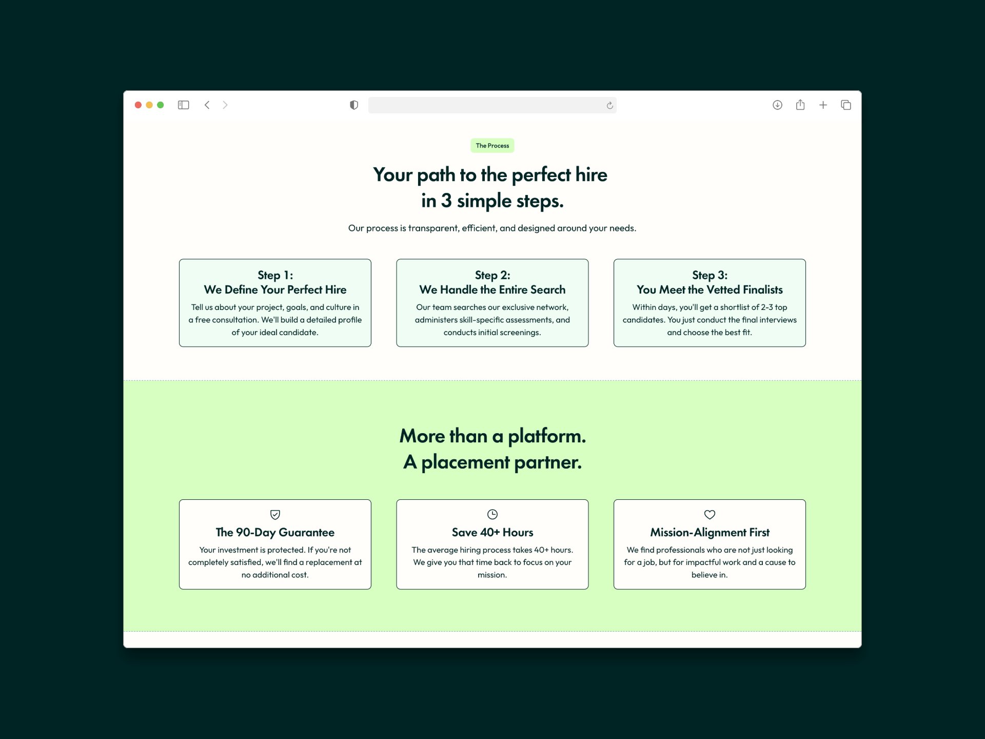 The Your path to the perfect hire in 3 simple steps section on the recruitment page, showing Step 1 Define Your Perfect Hire, Step 2 We Handle the Entire Search, and Step 3 You Meet the Vetted Finalists, with a More than a platform A placement partner section below