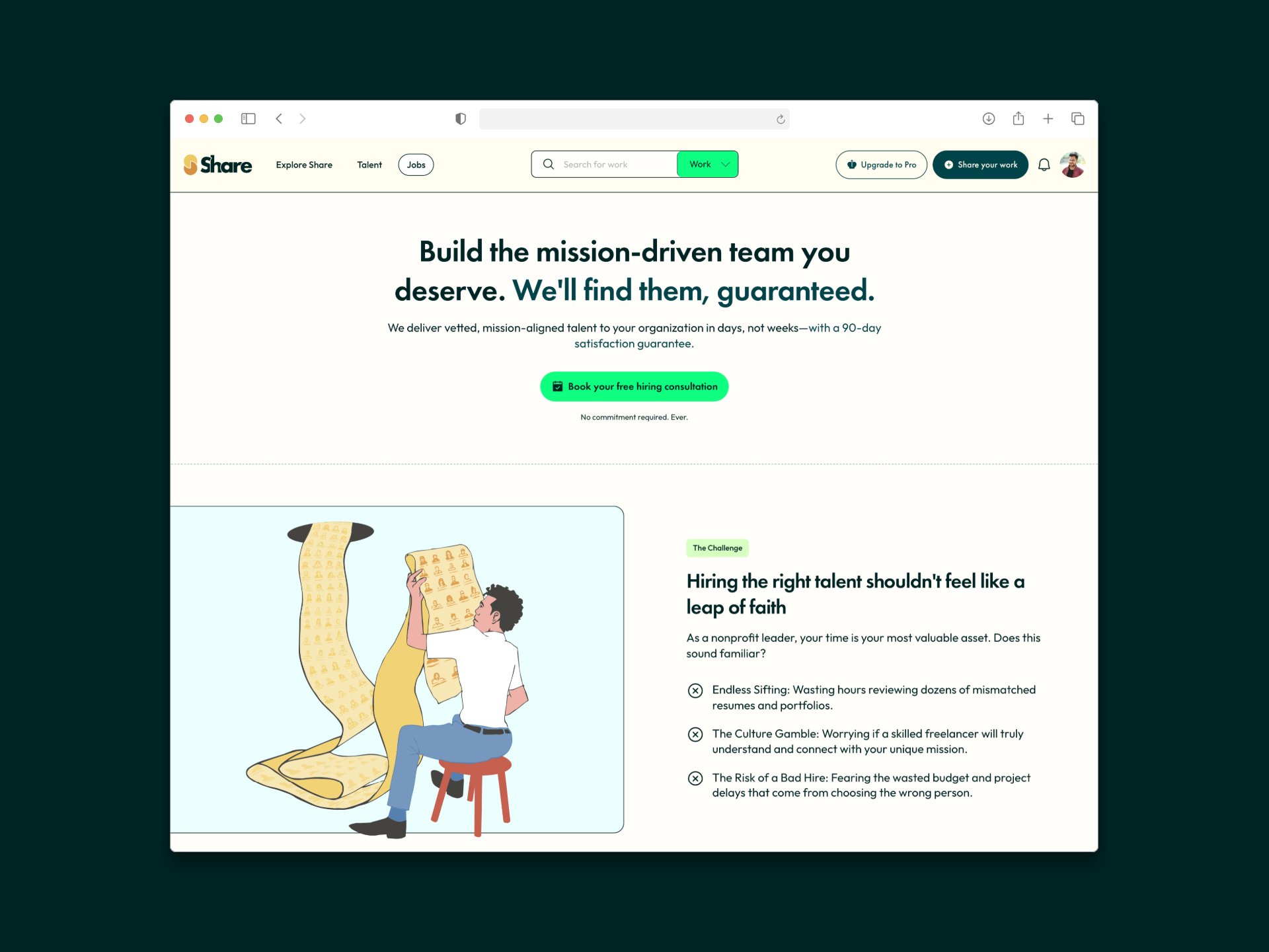 The ShareTalent white-glove Talent Recruitment landing page with the heading Build the mission-driven team you deserve, a 90-day satisfaction guarantee line, and a Book your free hiring consultation CTA, with a Hiring the right talent shouldn't feel like a leap of faith section below listing the Endless Sifting, Culture Gamble, and Bad Hire risks