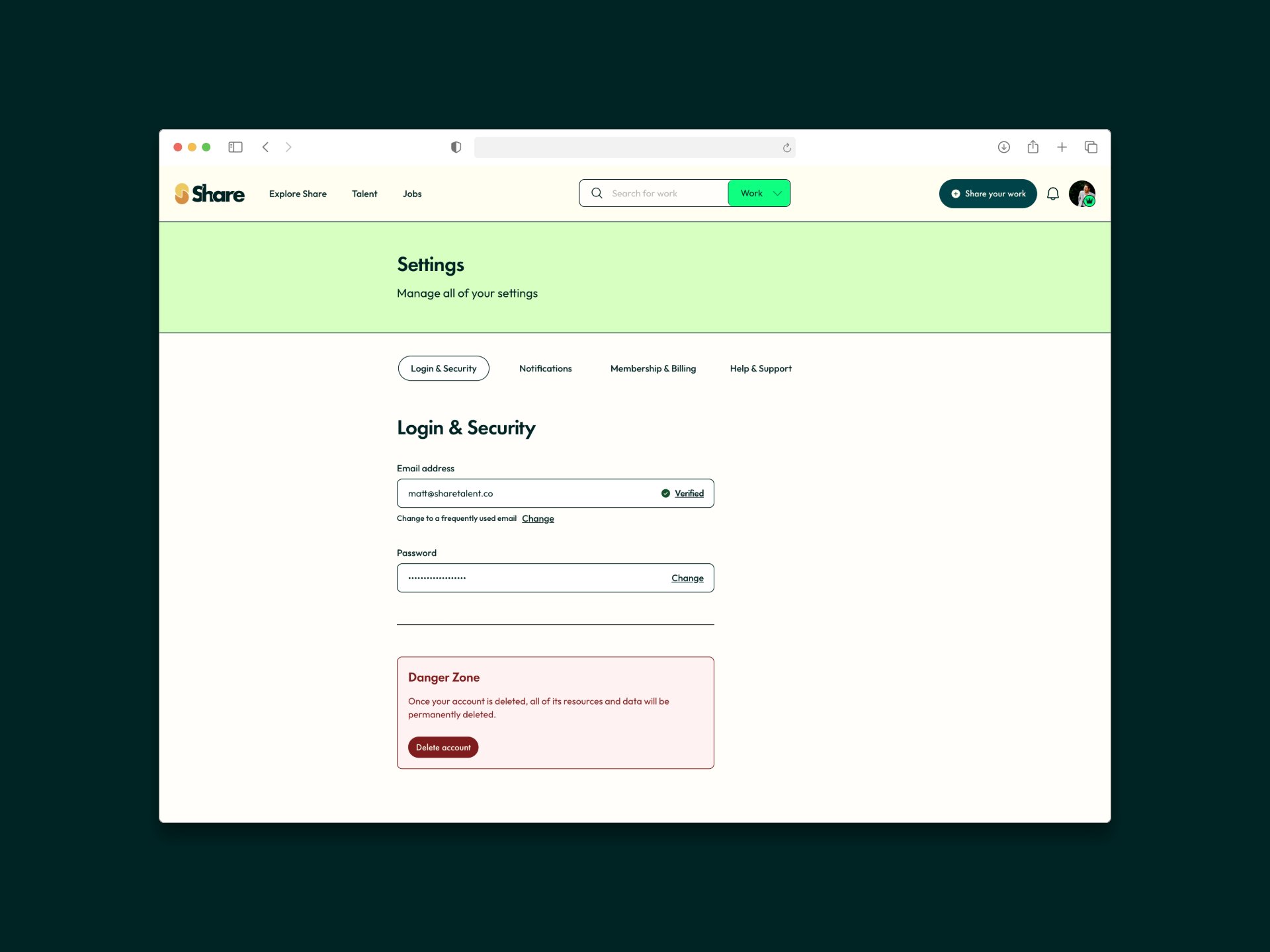 The ShareTalent Login and Security settings page with an email address field showing a verified badge, a password field with a Change action, and a Danger Zone panel for account deletion at the bottom