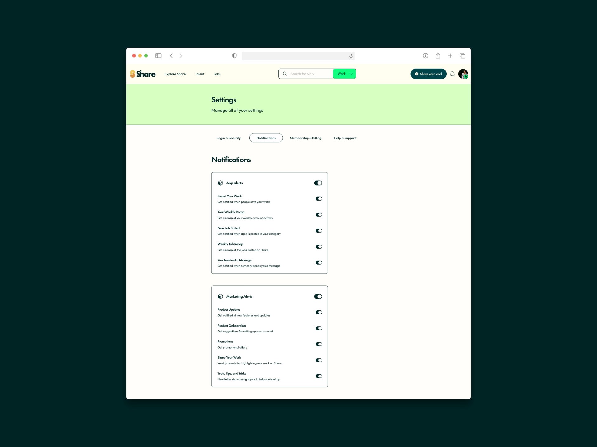 The ShareTalent Notifications settings page with an App alerts group toggling Saved Your Work, Your Weekly Recap, New Job Posted, Weekly Job Recap, and You Received a Message, and a Marketing Alerts group below with toggles for Product Updates, Product Onboarding, Promotions, Share Your Work, and Tools Tips and Tricks