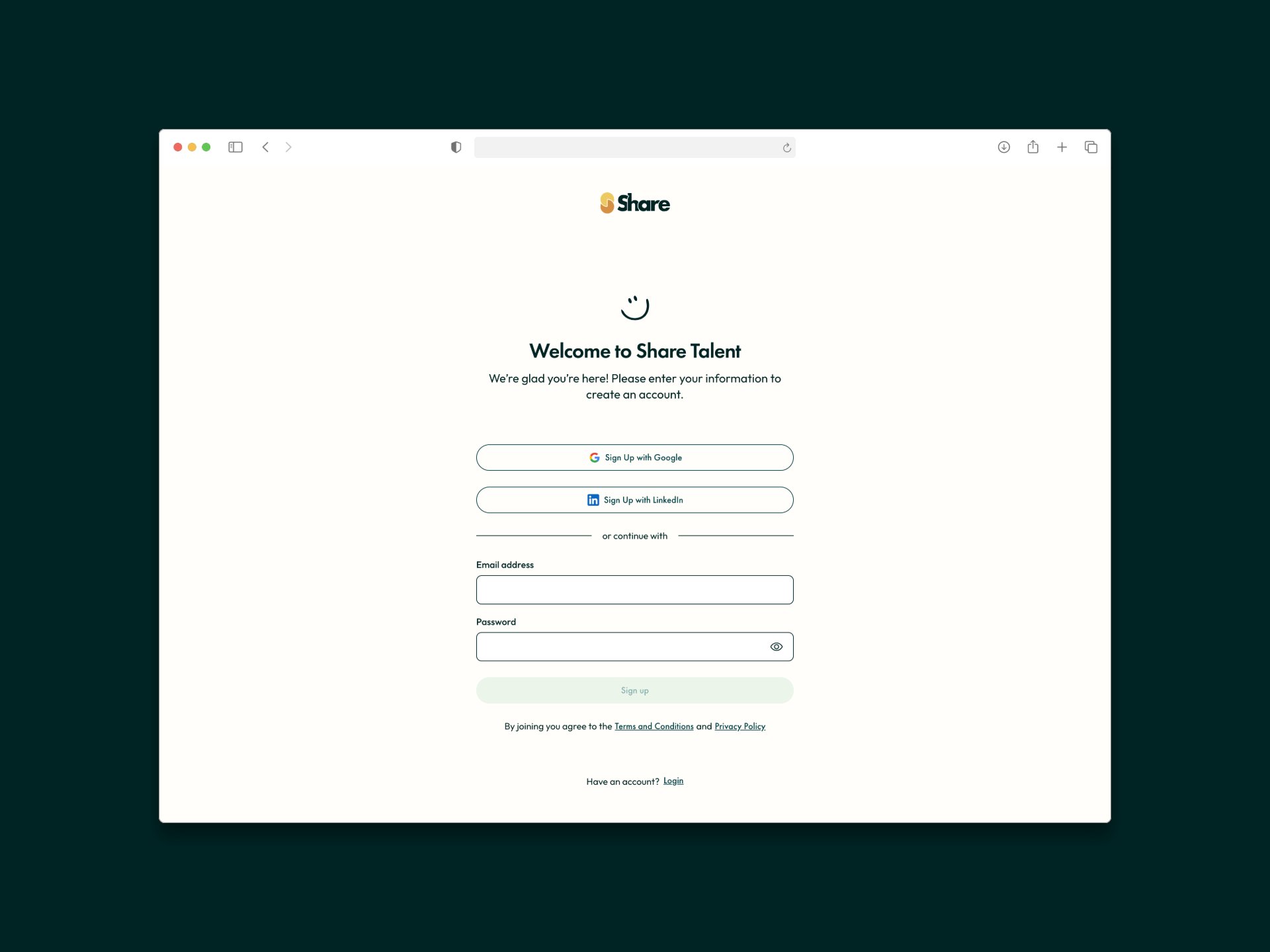 The ShareTalent signup page with the line Welcome to Share Talent, a Sign Up with Google button, a Sign Up with LinkedIn button, email and password fields, and the terms of service line at the bottom