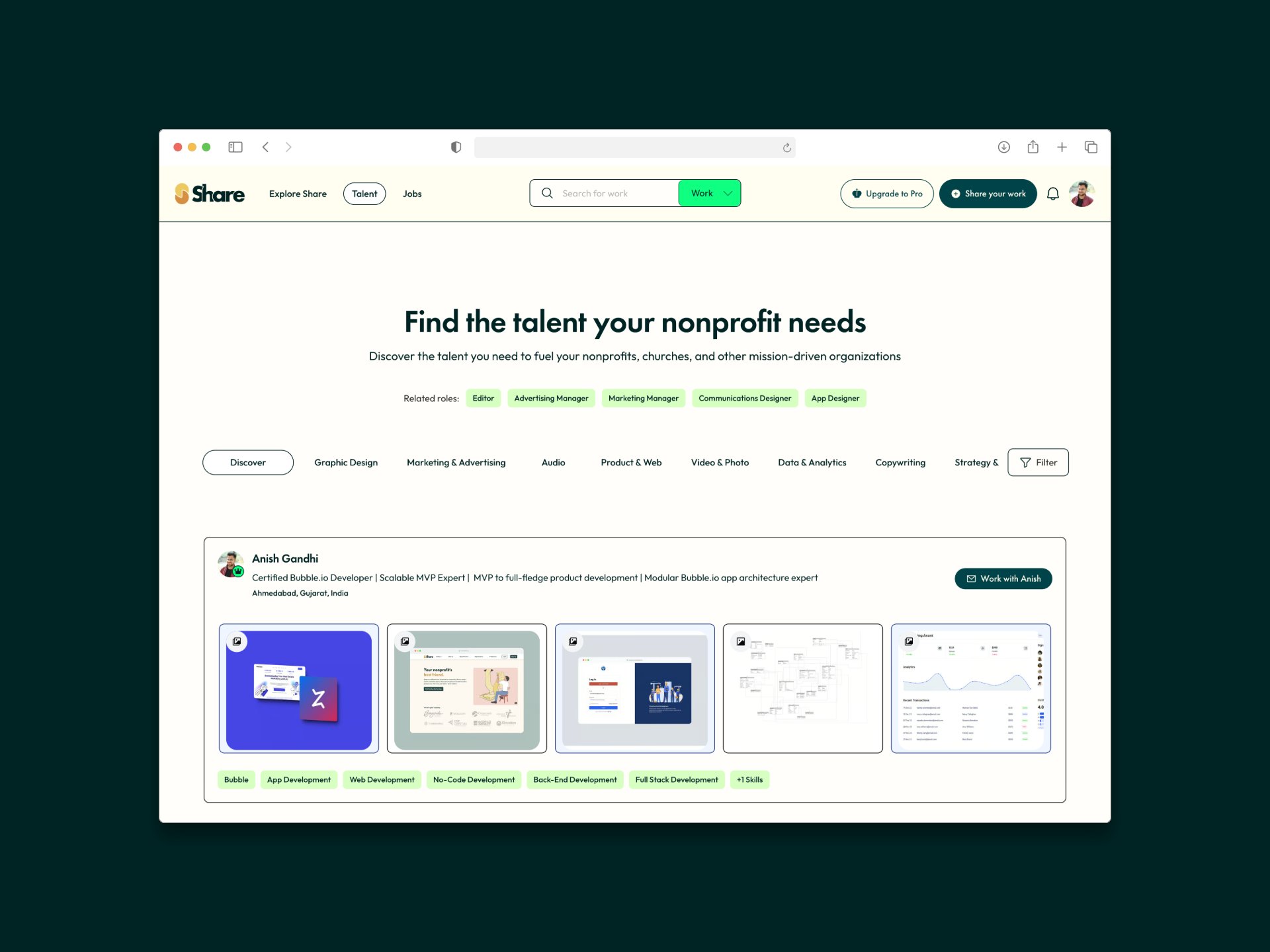 The ShareTalent talent directory at sharetalent.co slash talent, with a Find the talent your nonprofit needs hero, related-role filter chips, the category tab row, and a talent card for Anish Gandhi showing five embedded work samples and skill tags including App Development, Web Development, and Full Stack Development