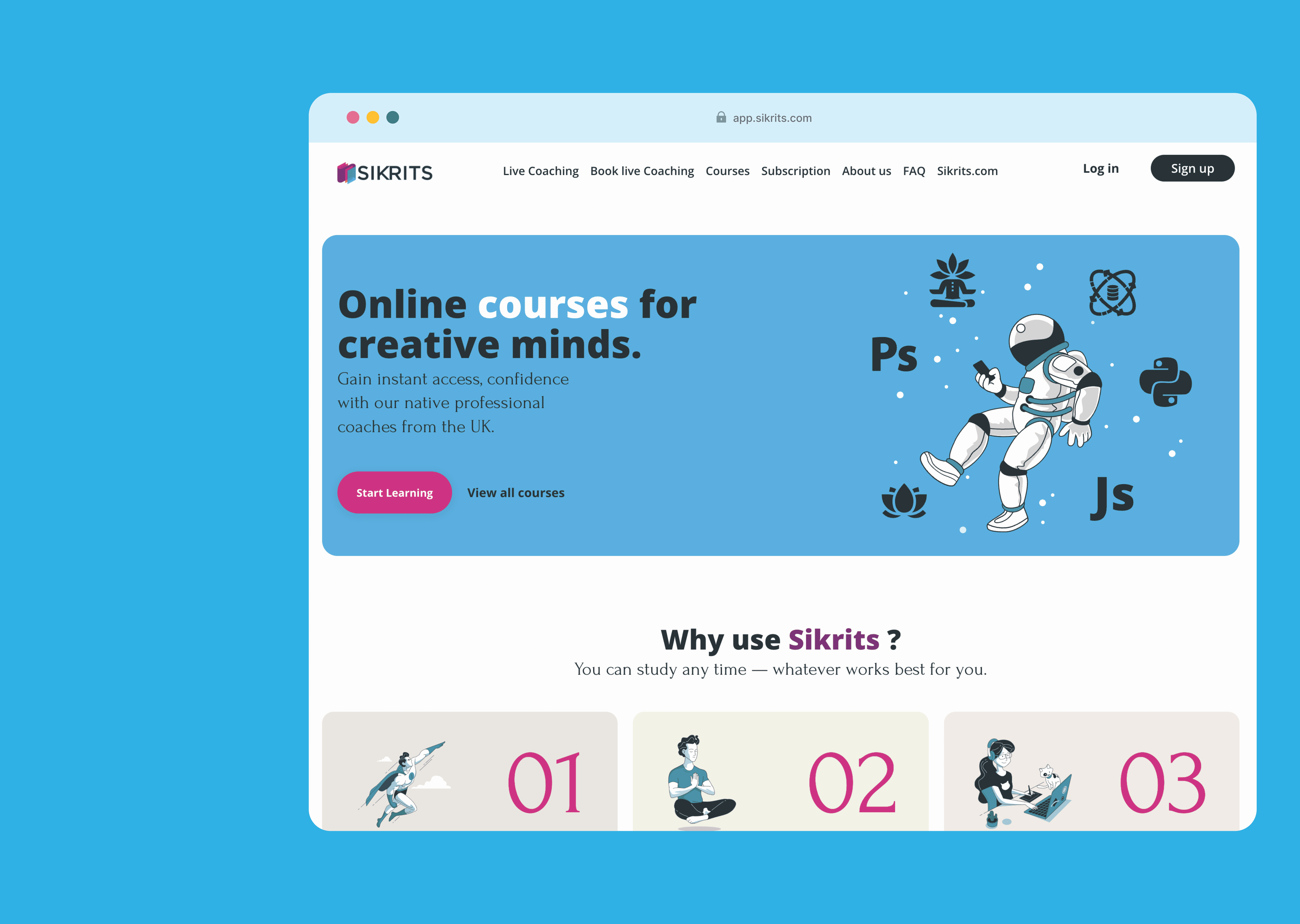 The Sikrits homepage showing Online courses for creative minds with a Start Learning CTA and a hero illustration of Photoshop, JavaScript, Python, and Lotus icons