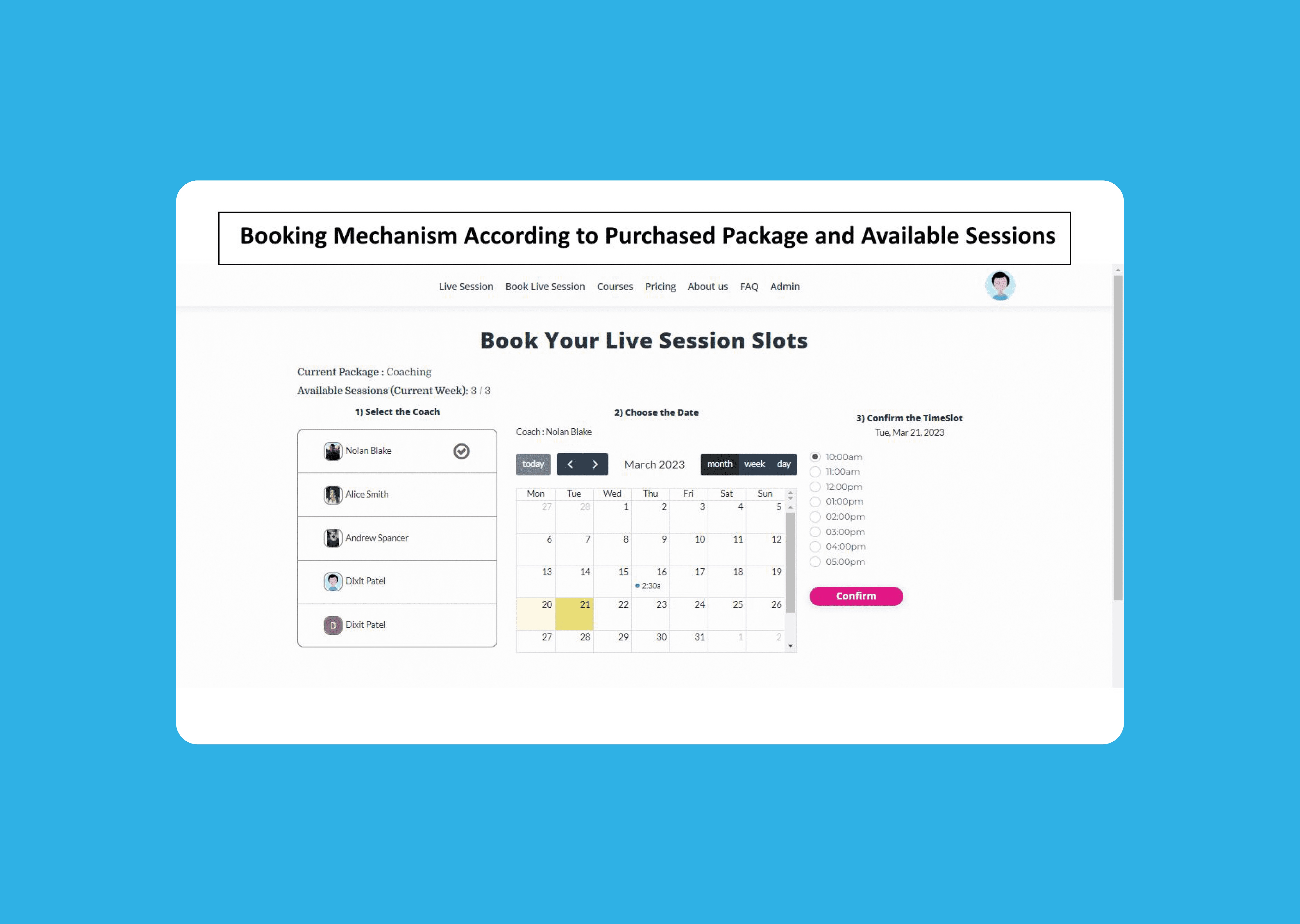 The Sikrits student-facing booking flow with three steps shown side by side: pick a coach from a list, choose a date on a month calendar, confirm a timeslot, with the user's current coaching package shown above