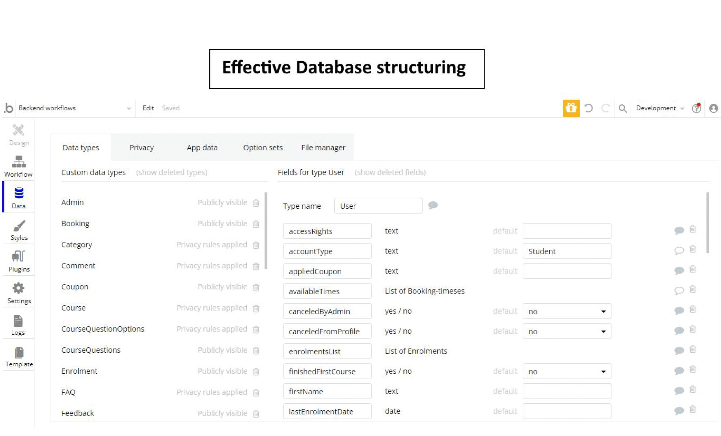 The Sikrits Bubble.io data types panel showing the platform's custom data types (Admin, Booking, Course, Enrolment, FAQ, and more) with the User type expanded on the right showing its field-level schema