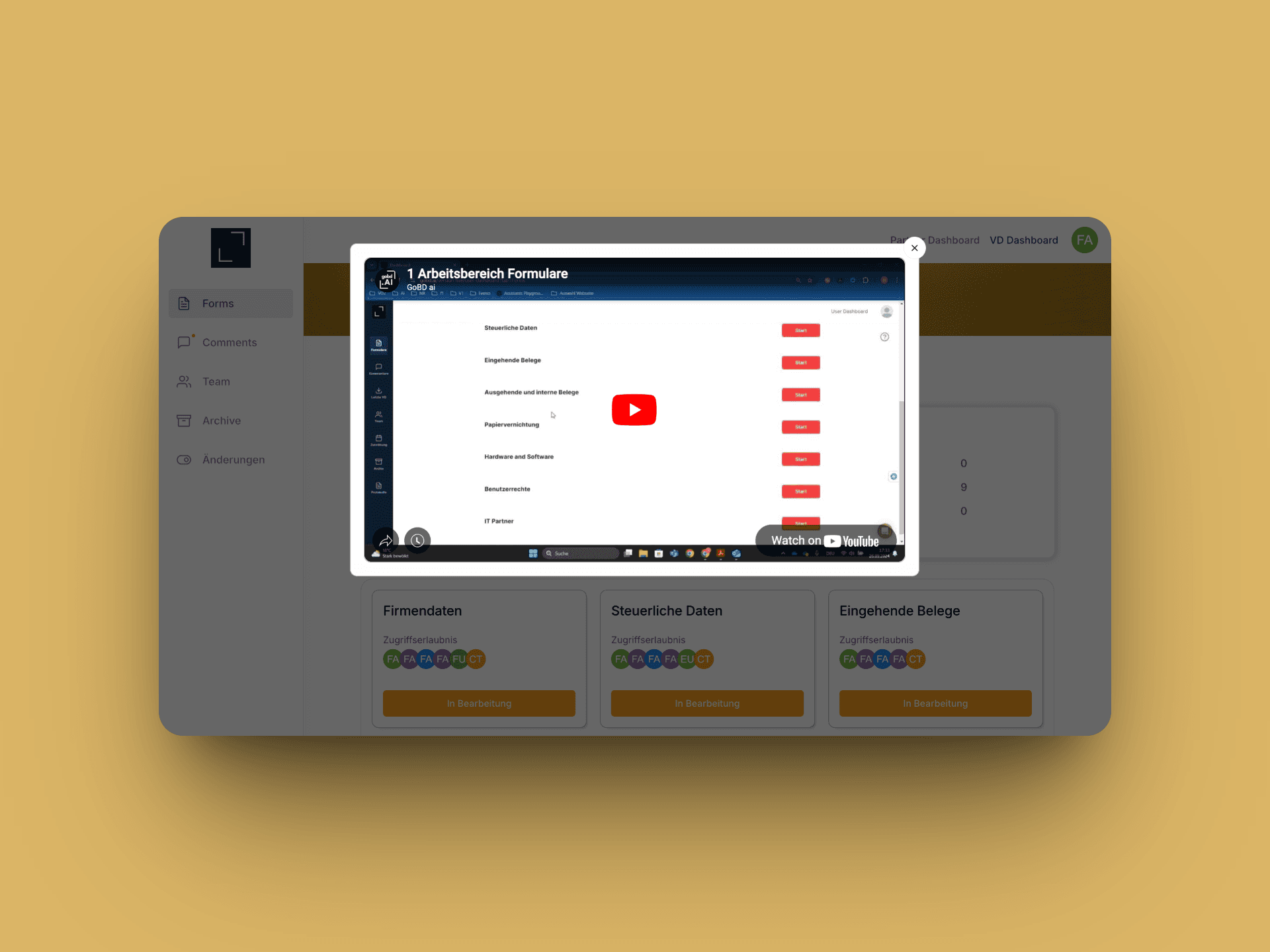 The V2 customer-facing forms inventory with a YouTube video walkthrough modal labeled 1 Arbeitsbereich Formulare open over the form list, showing how a new reviewer learns the workflow inside the app without leaving for a separate training