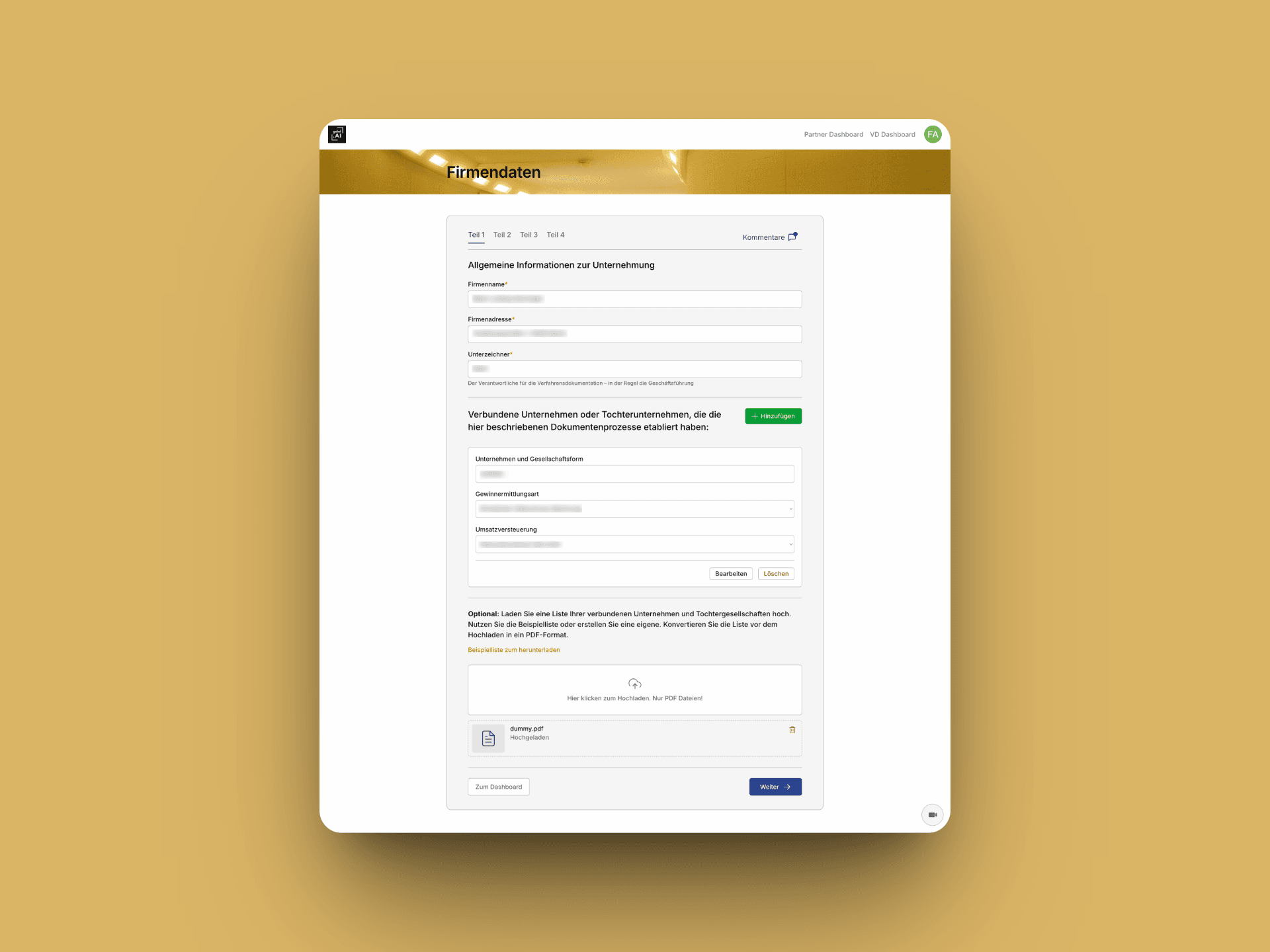 The V2 Firmendaten form filled in with company master data fields including Firmenname, Firmenadresse, Unterzeichner, and a Verbundene Unternehmen oder Tochterunternehmen section with related-company entries and a PDF upload area for supporting documentation