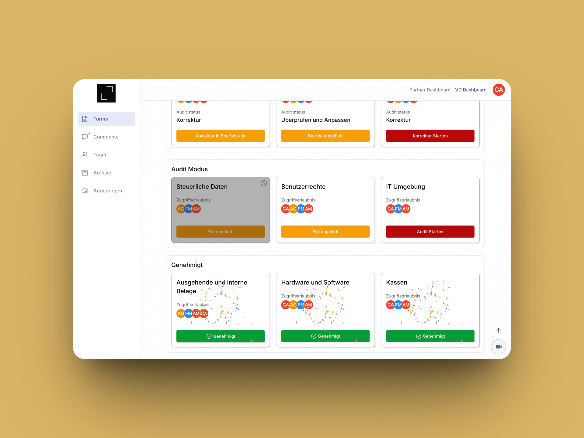 The V2 GoBD.ai customer-facing Welcome dashboard with Status der Formulare counters showing forms in Korrektur and Überprüfen und Anpassen, an Audit Modus section with three forms (Steuerliche Daten, Benutzerrechte, IT Umgebung), and a Genehmigt section with approved form cards