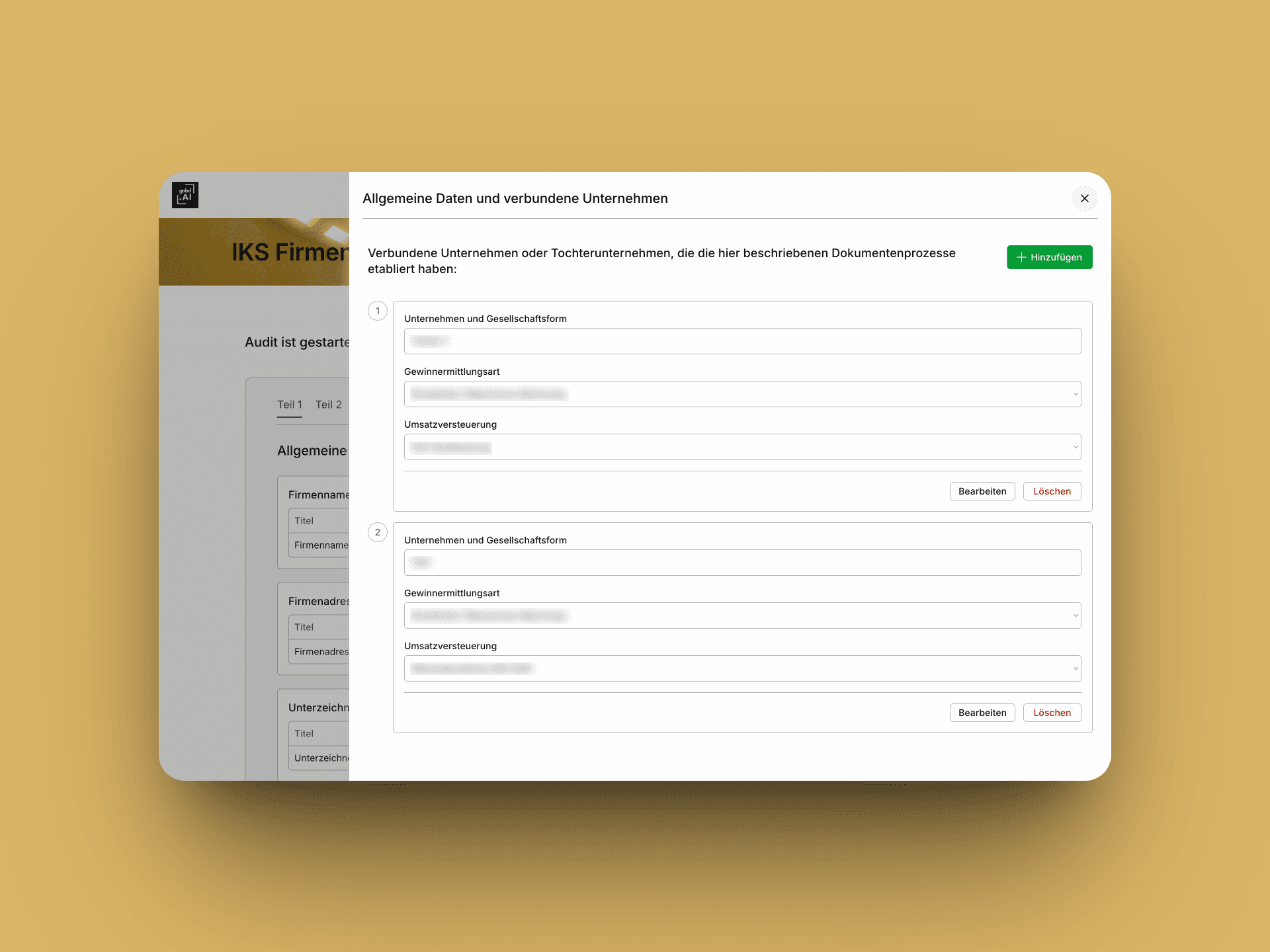 The V2 IKS Firmendaten form with an Allgemeine Daten und verbundene Unternehmen modal open showing related companies (two entries with Unternehmen, Gewinnermittlungsart, and Umsatzversteuerung fields) and a Hinzufügen button for adding more