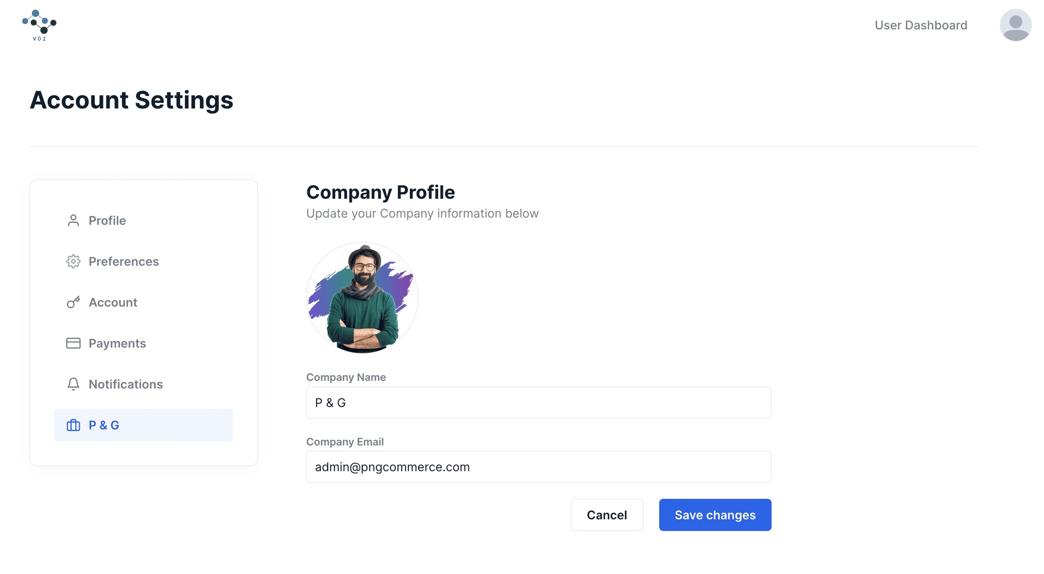 V1 admin portal Tenant Account Settings page showing the Company Profile tab with company name, avatar, and email fields, plus sidebar tabs for Preferences, Account, Payments, and Notifications