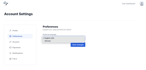 The V1 admin portal Account Settings Preferences panel with the Preferred language dropdown open, showing English (US) selected with a checkmark and German as the second option, with a Save changes button