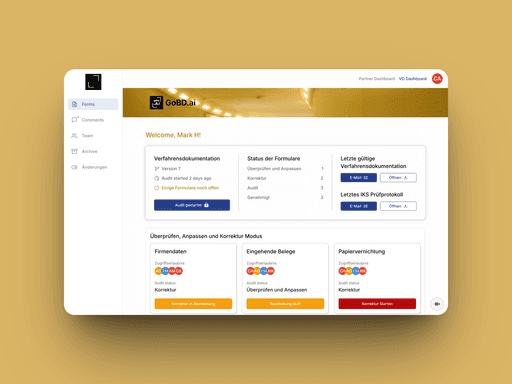 The V2 GoBD.ai Welcome dashboard mid-audit cycle, with 1st Version 1, audit started 2 days ago, Status der Formulare counters showing audit progress, and three form cards (Firmendaten, Eingehende Belege, Papiervernichtung) in different audit states