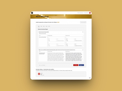 The V2 IKS IT Umgebung form opened in Audit mode showing a Datenschutzfrage section with Vorheriger Wert and Aktueller Wert text-area columns side by side, reviewer comment fields, and Korrektur Modus controls for the auditor