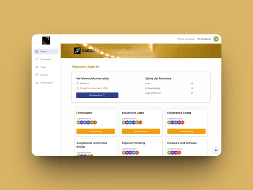The V2 GoBD.ai Welcome dashboard in its initial state, showing 1st Version 1 with Einige Formulare noch offen and six form cards (Firmendaten, Steuerliche Daten, Eingehende Belege, Ausgehende und interne Belege, Papiervernichtung, Hardware und Software) all in Bearbeitung with Zugriffserlaubnis avatar stacks
