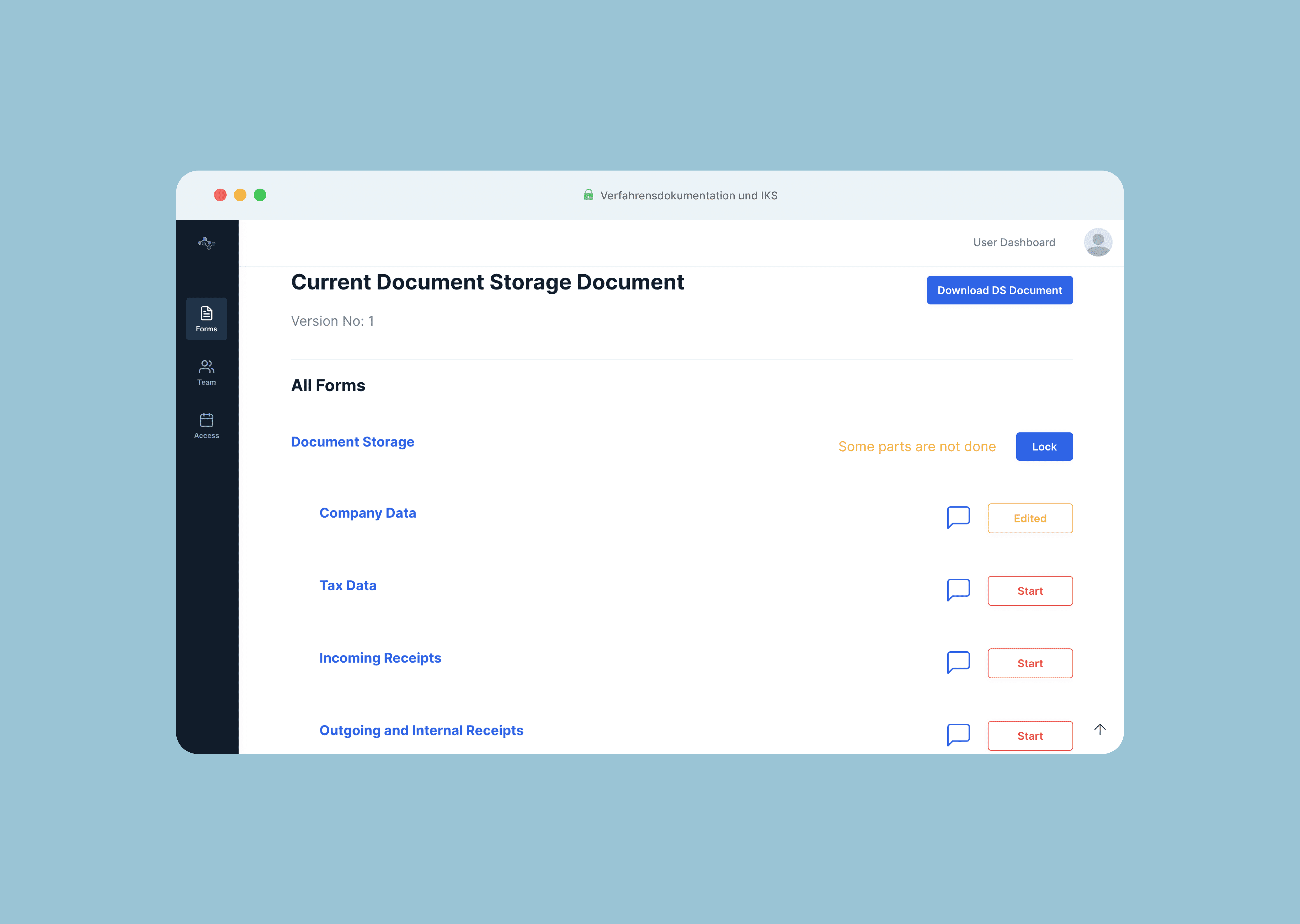 The V1 admin portal Current Document Storage Document view listing All Forms (Document Storage, Company Data, Tax Data, Incoming Receipts, Outgoing and Internal Receipts) with per-form status badges and a Download DS Document button