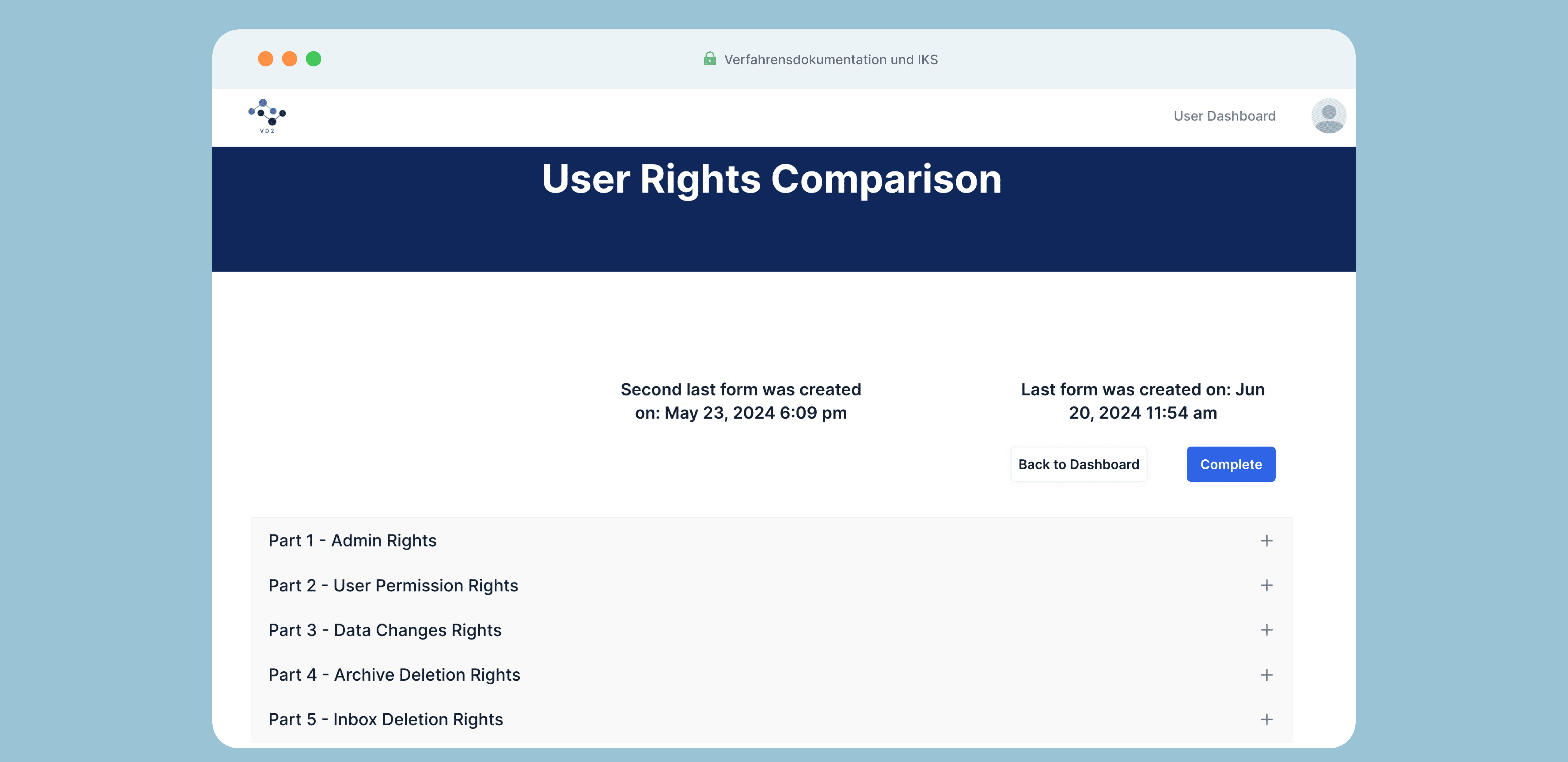 The V1 admin portal User Rights Comparison screen with two timestamps and an accordion of Parts 1 through 5, showing what changed between two versions of a user's access permissions