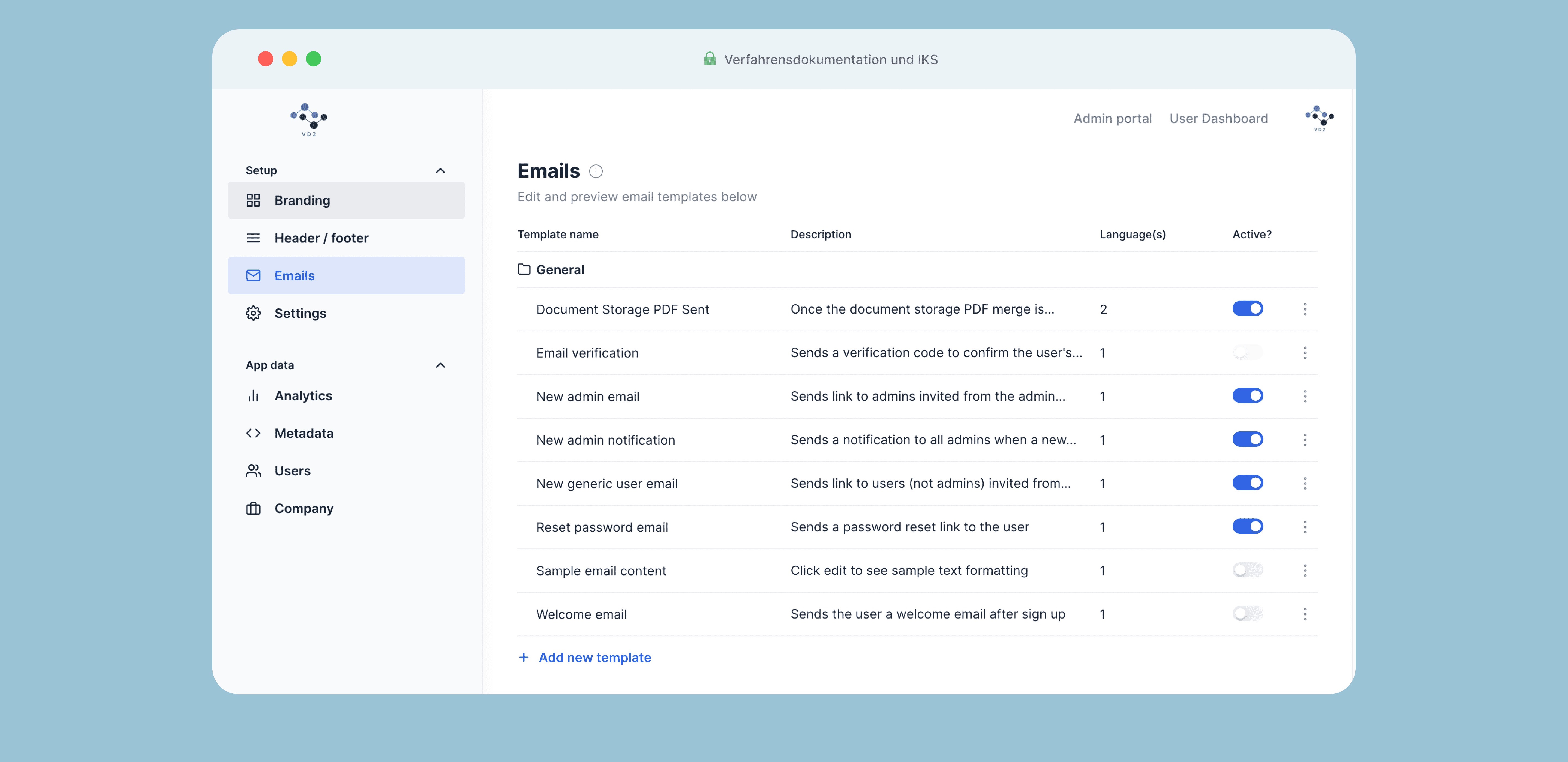The V1 admin portal Emails screen listing transactional email templates including document storage PDF sent, email verification, new admin and user invites, and password reset, with a Language column and per-template Active toggles