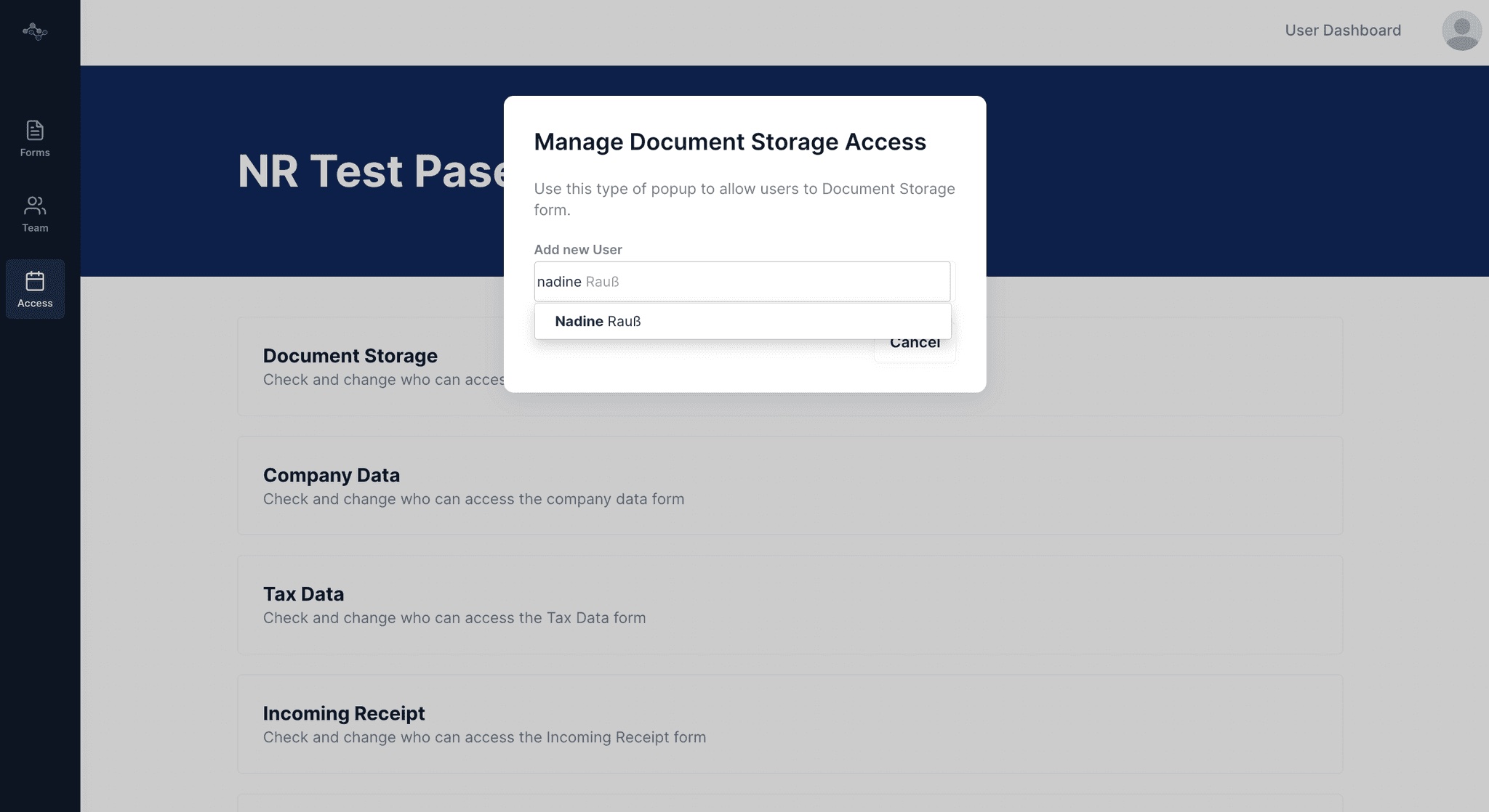 V1 admin portal per-form access management modal labeled Manage Document Storage Access with a user search autocomplete suggesting the German name Nadine Rauss, overlaid on the Access tab showing all forms with their per-form access controls