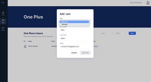 V1 admin portal Add user modal on a tenant called One Plus with a Role dropdown set to Standard or Manager, first name and last name fields, and an email field, sitting over the company's user list