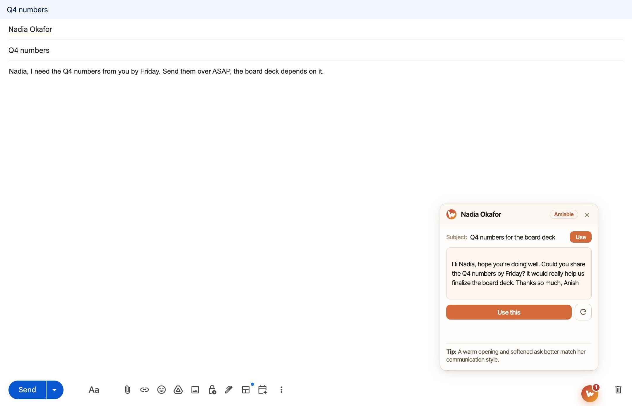 A Gmail compose window to a fictional teammate with the Wavelength coaching card open, a suggested rewrite and a Use this button, and the Wavelength button next to Send
