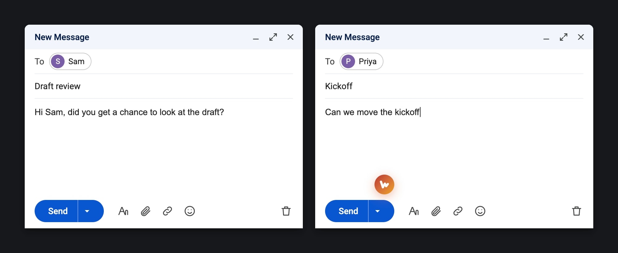 Redrawn: two open emails with one floating button drifting over the second