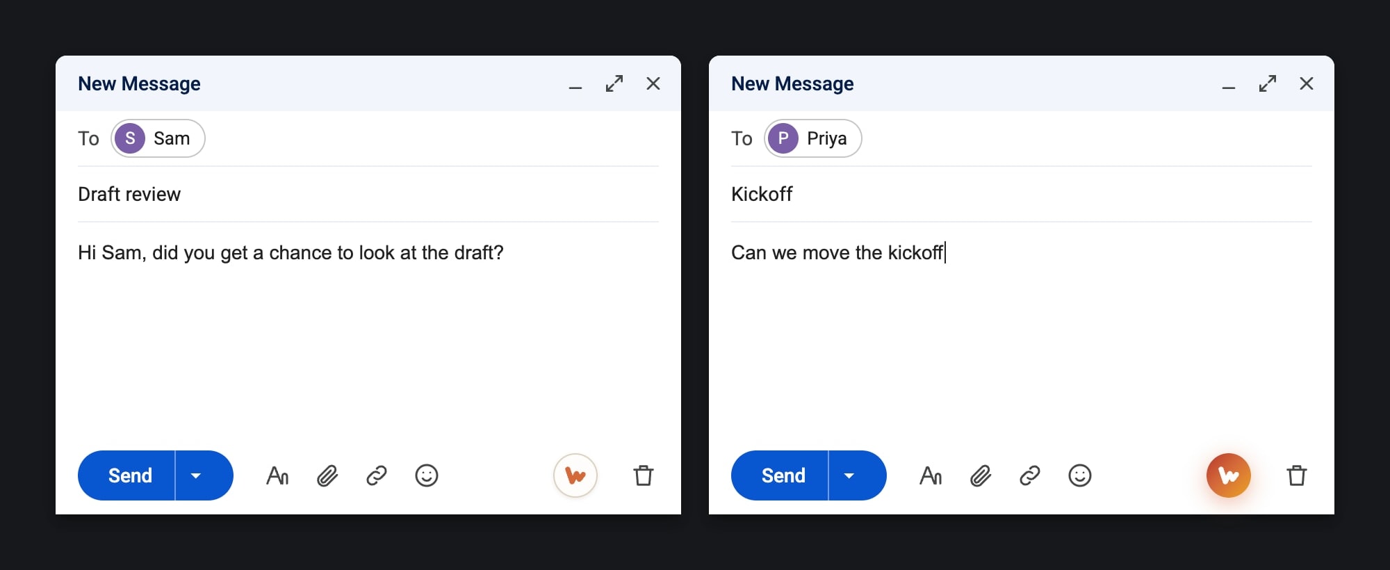 Redrawn: two open emails, each with its own button next to Send
