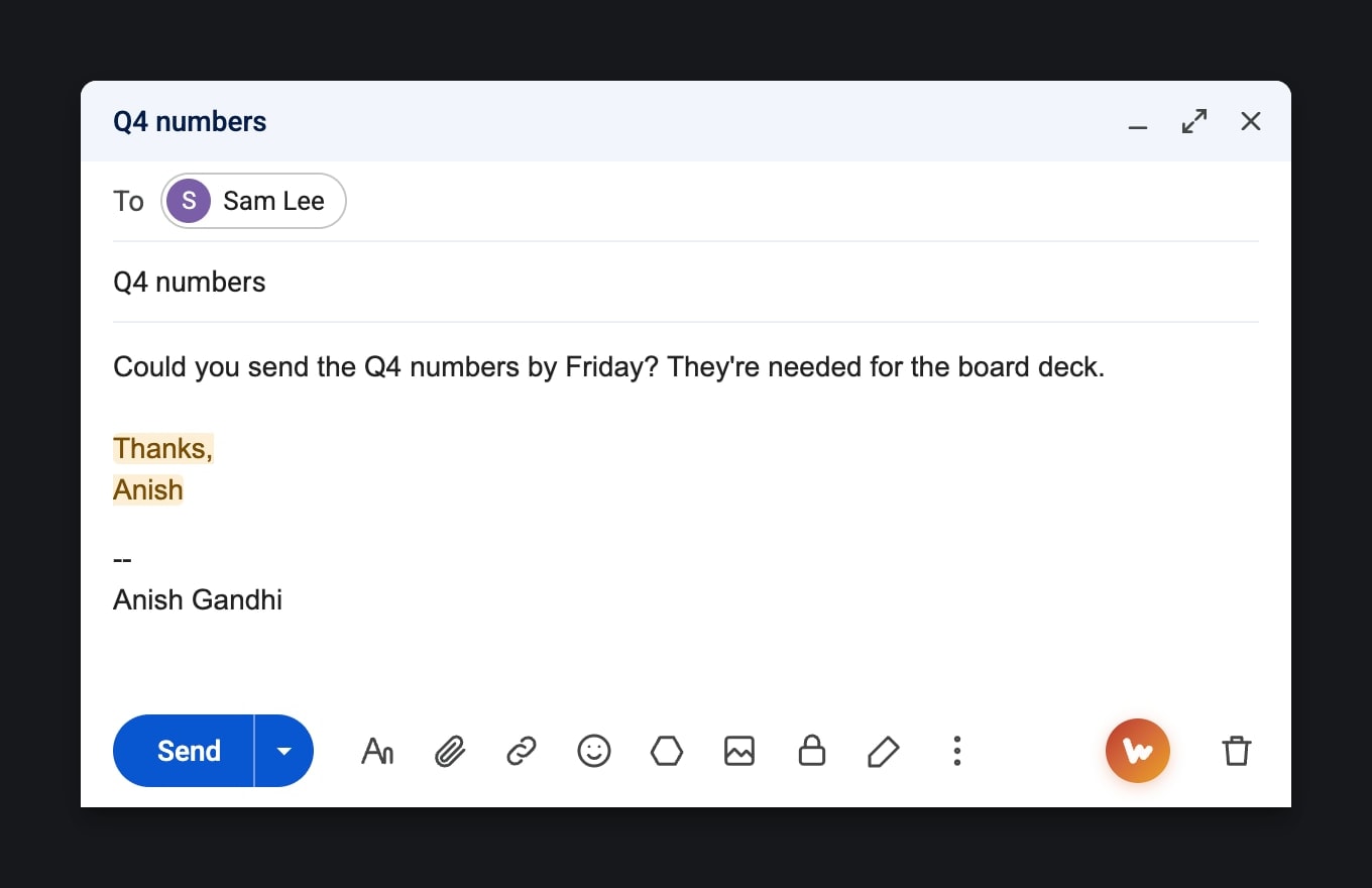 Redrawn: a rewrite ending with its own sign-off above the Gmail signature, so the name appears twice