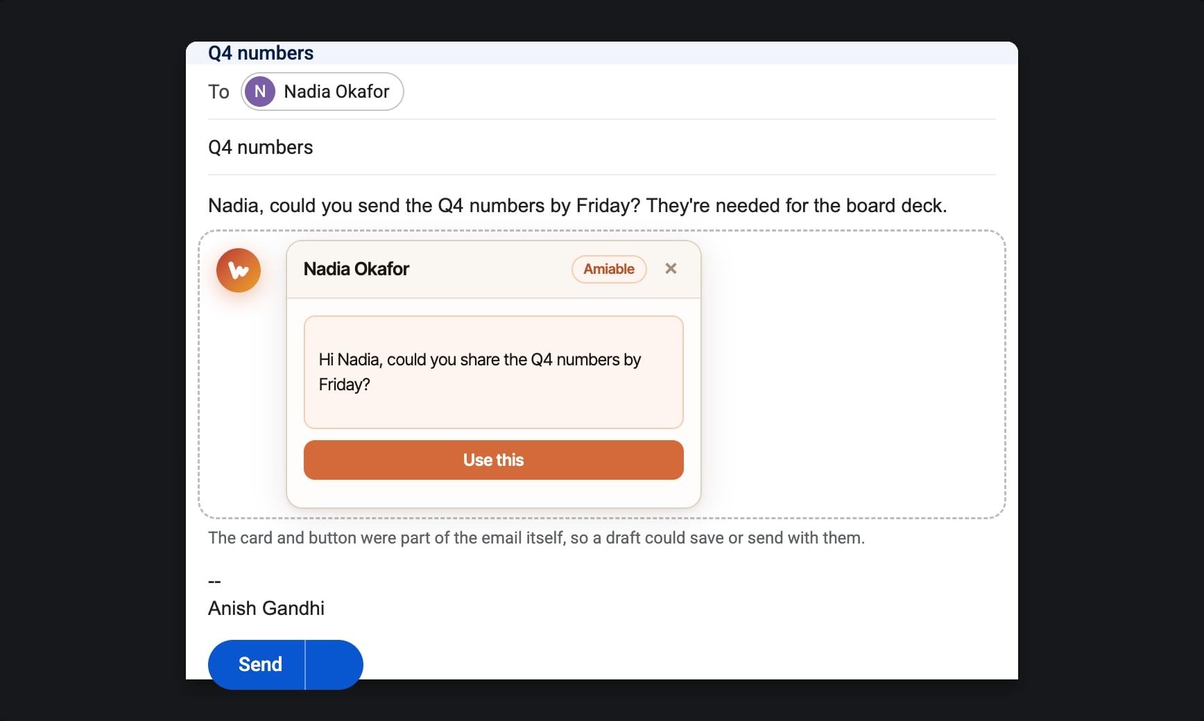 Redrawn: the Wavelength card and button sitting inside the body of the email