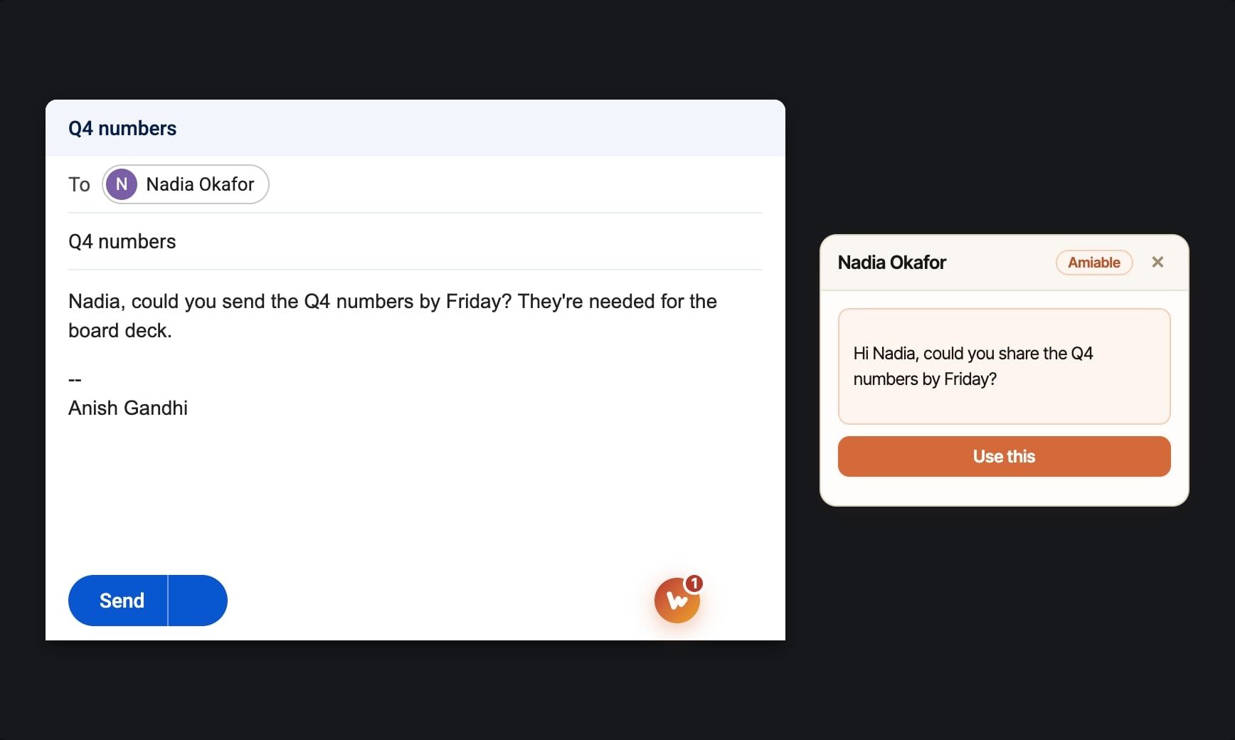 Redrawn: the card beside the email and the button next to Send