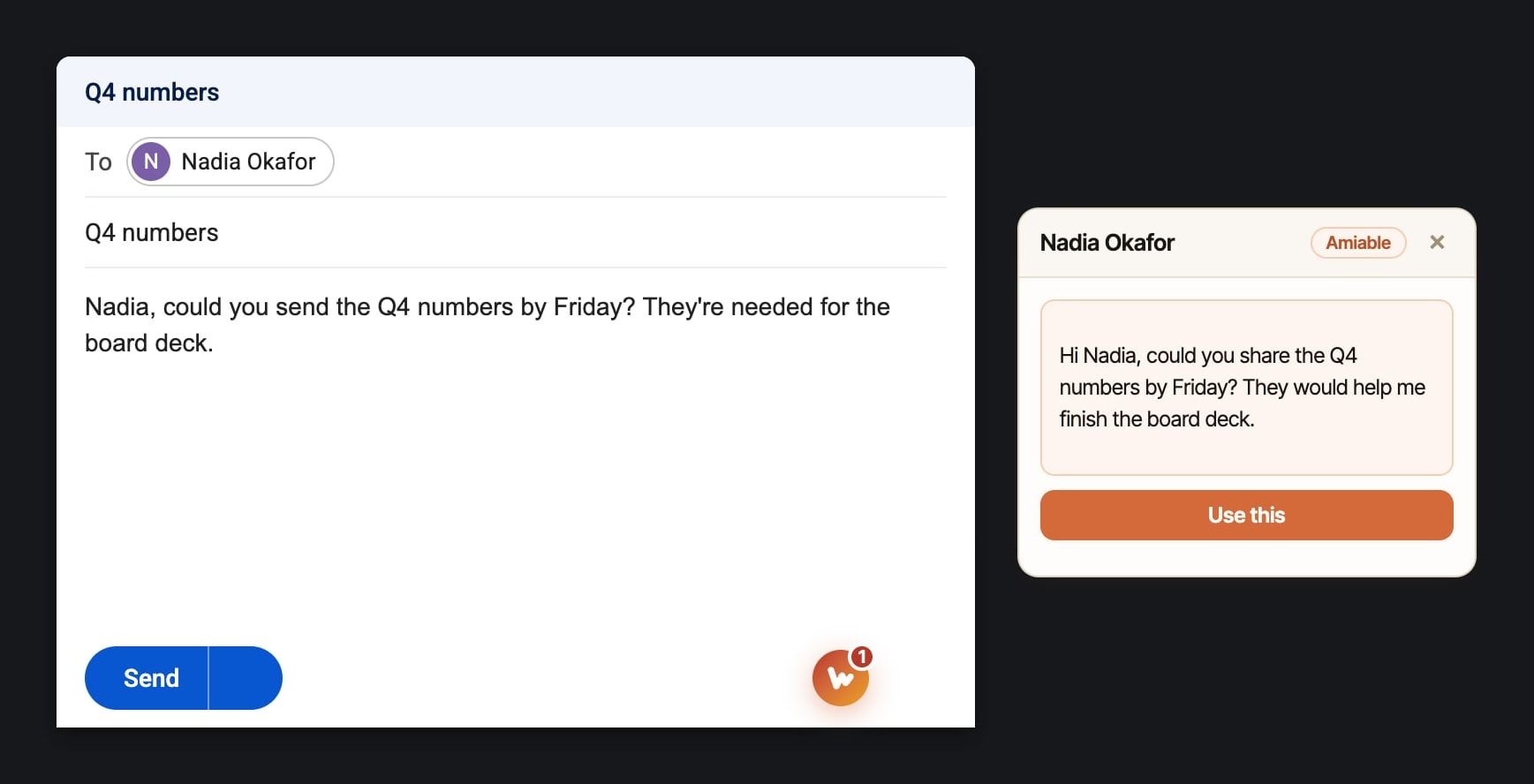 Redrawn: the same email with the card showing a rewrite and a ready badge on the button
